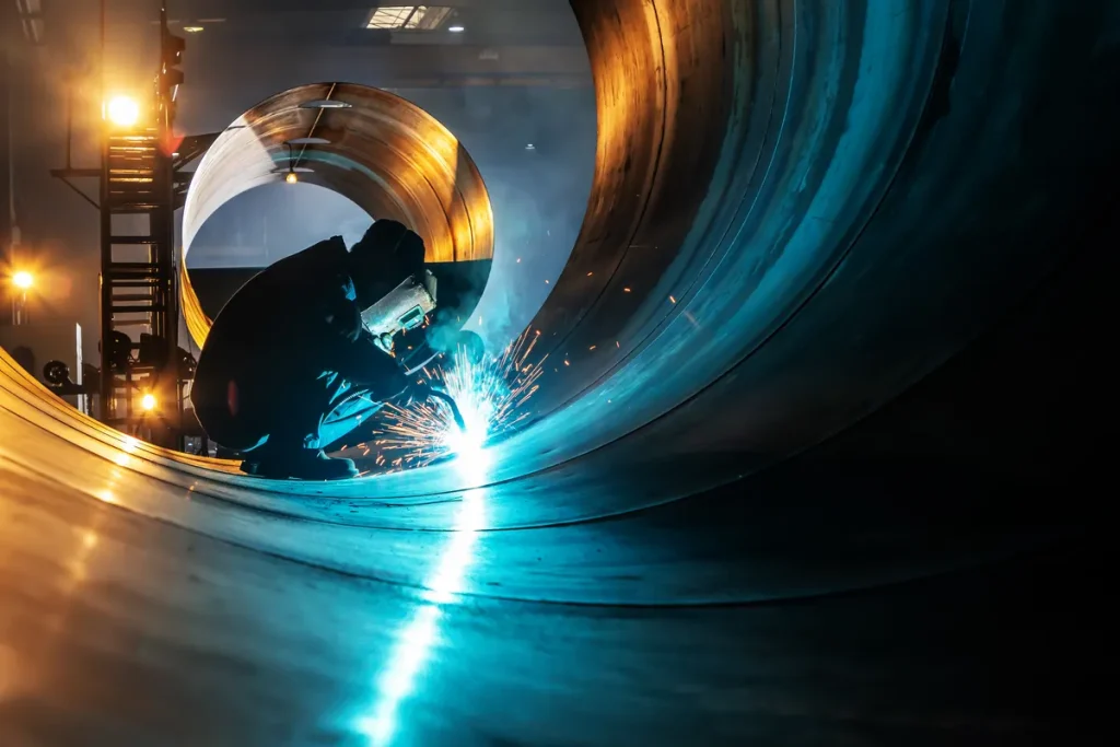 Welder working inside a large steel pipe